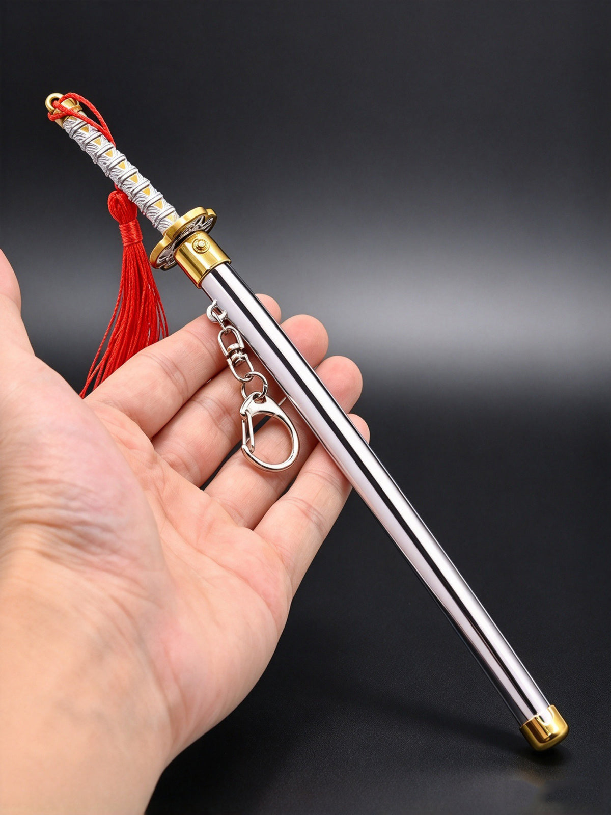 YP Katana Zenitsu Agatsuma Nichirin sword keychain drawn from silver scabbard showing lightning blade